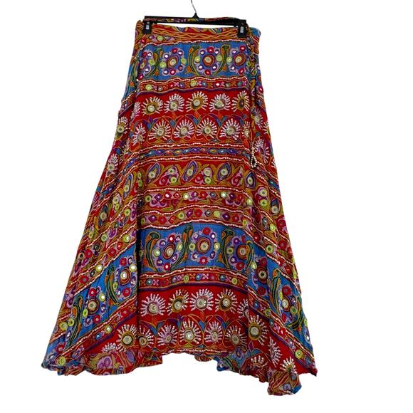 Soft Surroundings Ethnic Wrap Skirt L Boho Embroidered Mirror Sequin Maxi - Picture 4 of 8